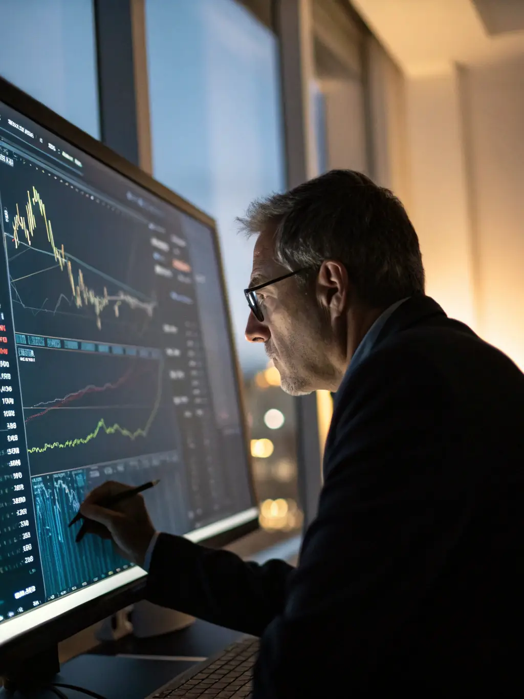 A professional investment advisor analyzing stock market data on a computer screen, reflecting Vanquish Capital's expertise in public equity investments.