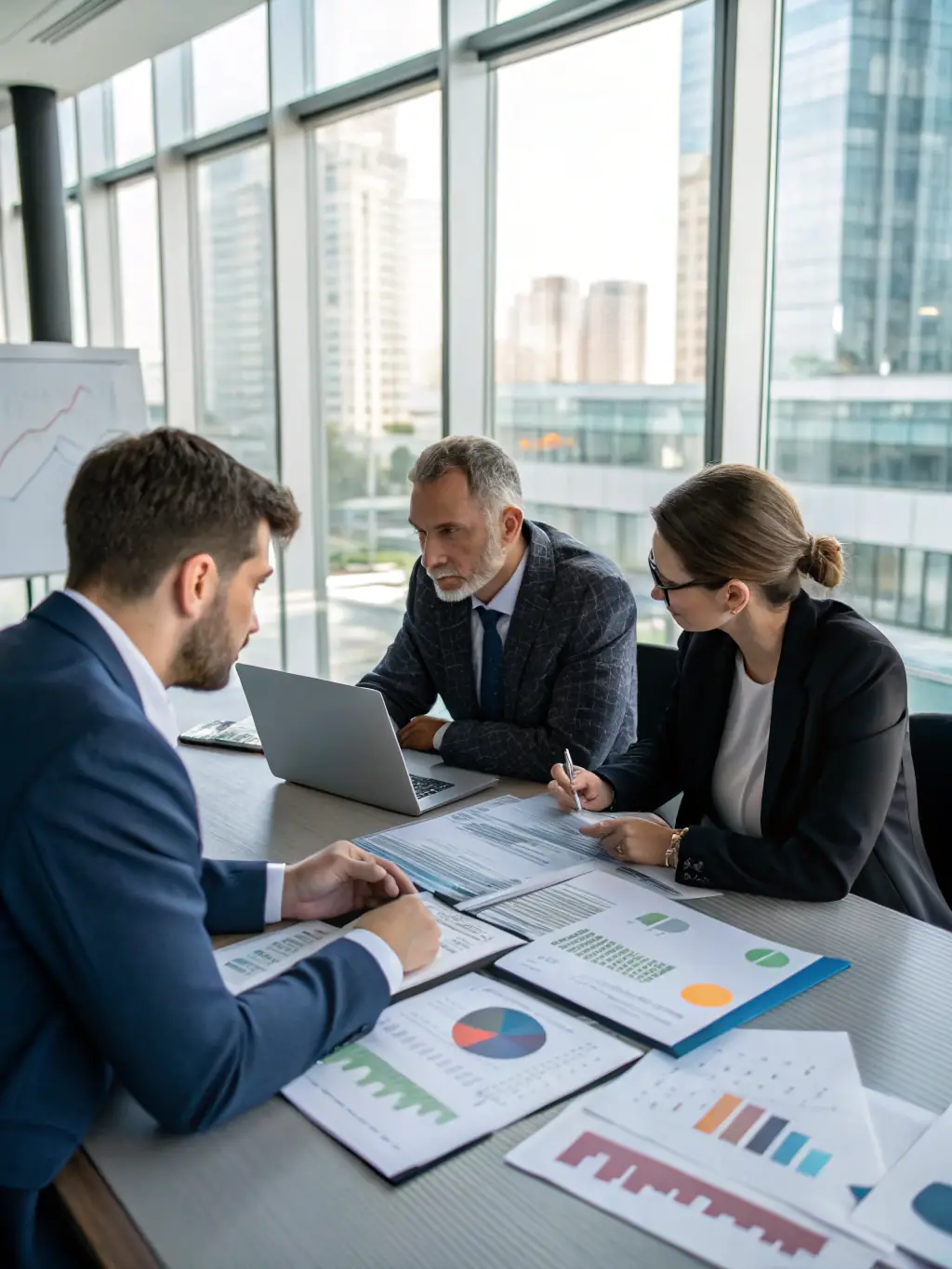 A group of business executives discussing investment strategies in a boardroom, symbolizing Vanquish Capital's proficiency in private equity.